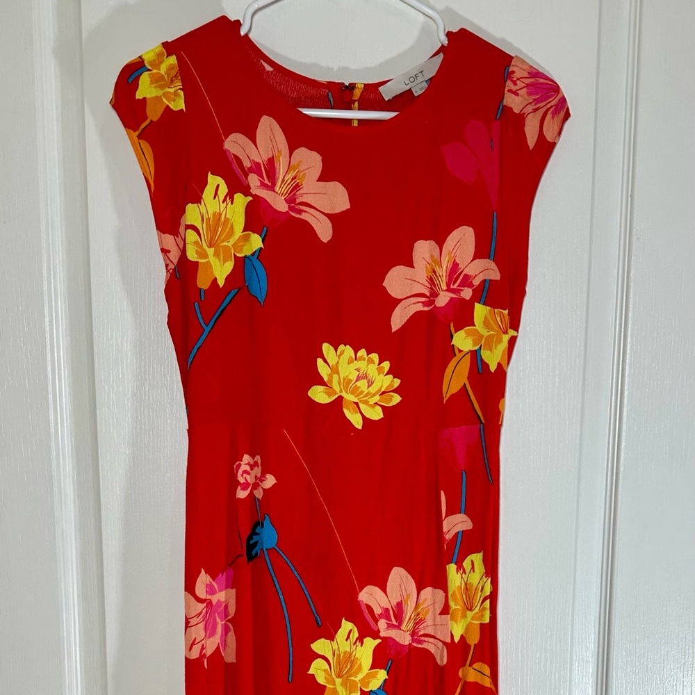 LOFT Red Lily Floral Midi Dress with Cap Sleeve and Side Split